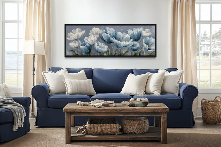 Décoration murale horizontale longue avec fleurs abstraites bleu clair
