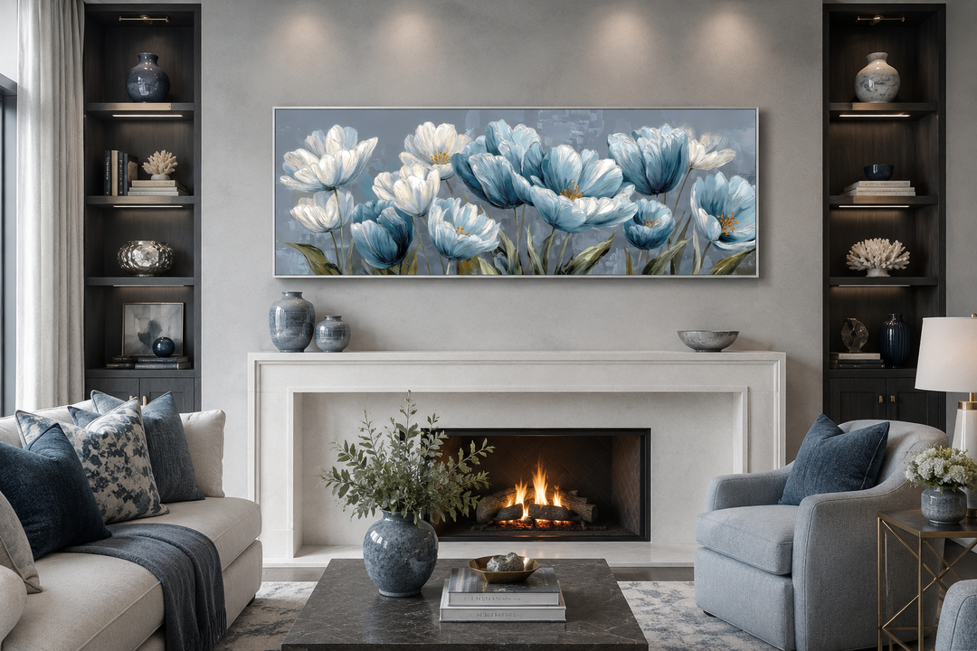 Light blue abstract floral horizontal wall art hanging above a fireplace in a modern living room.