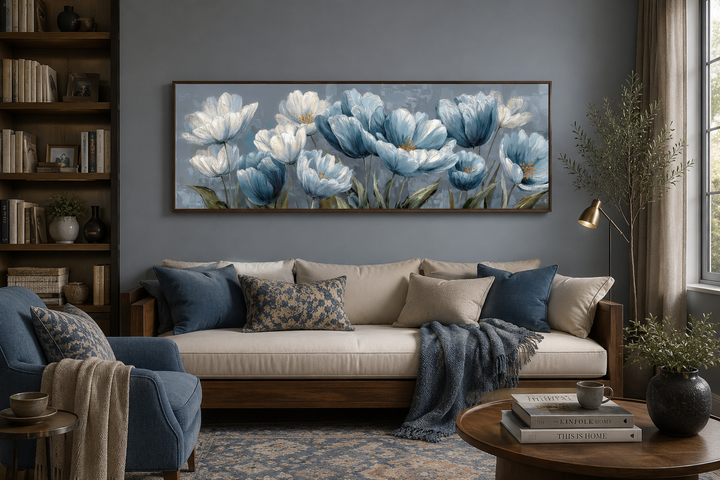 Long horizontal wall art of light blue abstract flowers above a beige sofa in a modern living room.