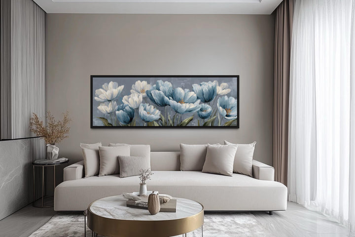 Décoration murale horizontale longue avec fleurs abstraites bleu clair