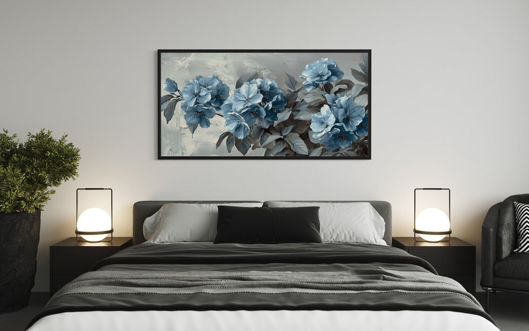 Light Blue Abstract Flowers On Grey Background Framed Canvas Wall Art