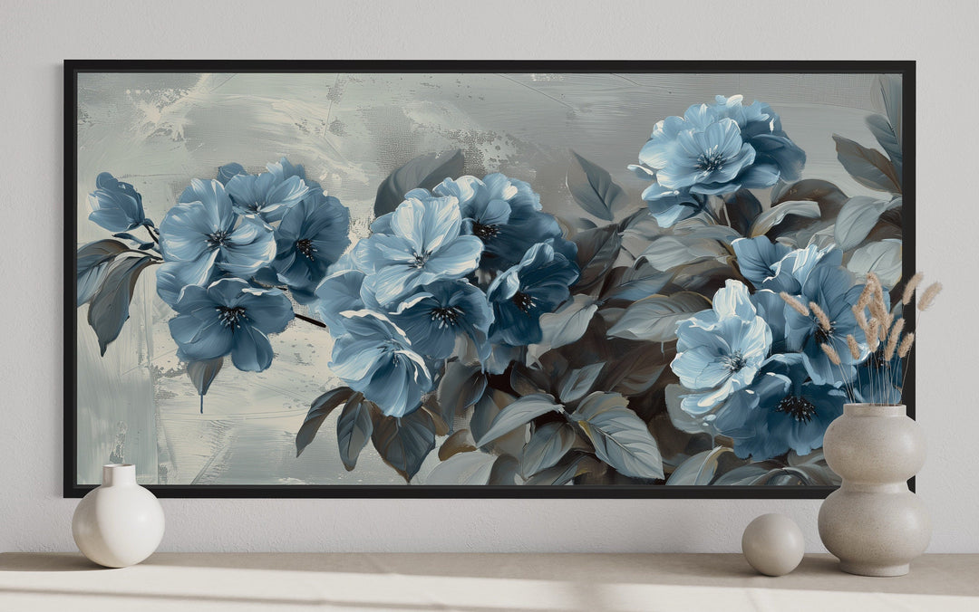 Light Blue Abstract Flowers On Grey Background Framed Canvas Wall Art