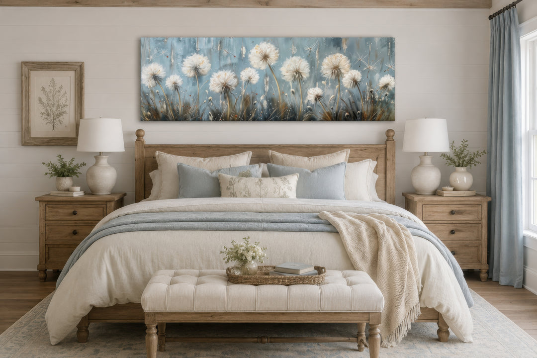Horizontal framed canvas wall art featuring ethereal white dandelions on a light blue background.