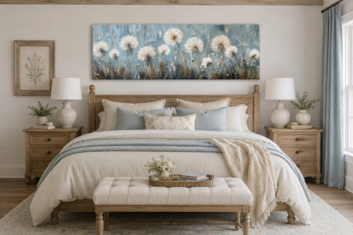 Horizontal framed canvas wall art featuring ethereal white dandelions on a light blue background.
