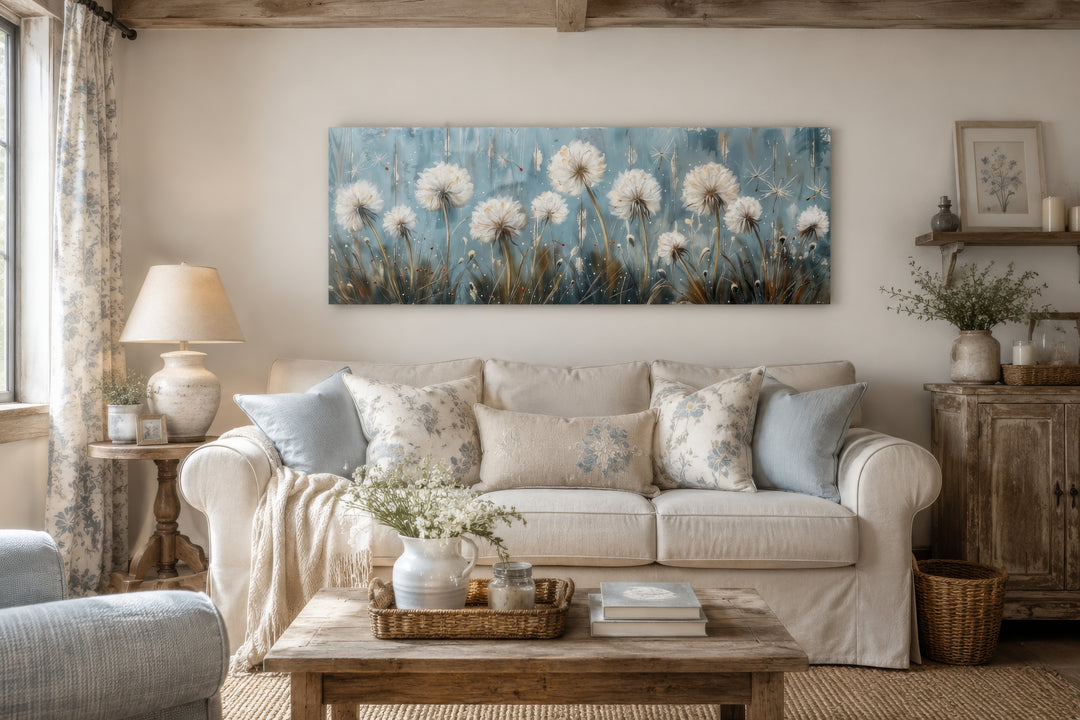 Horizontal framed canvas wall art featuring white dandelions on a light blue background.