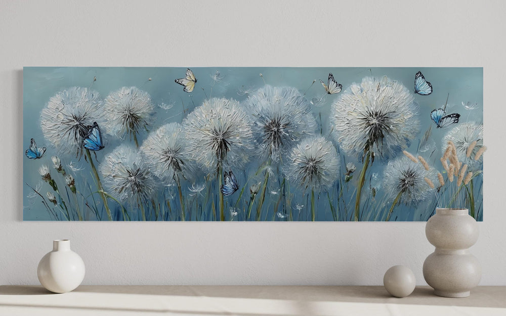 Light Blue Dandelions And Butterflies Horizontal Framed Canvas Wall Art