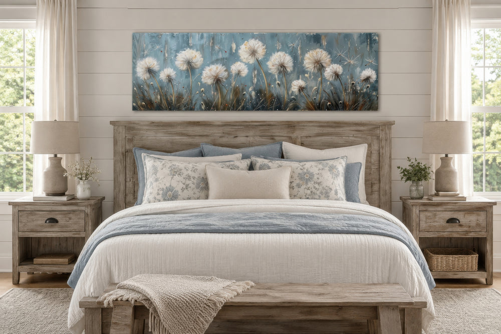 Horizontal framed canvas wall art featuring ethereal white dandelions on a serene light blue base.