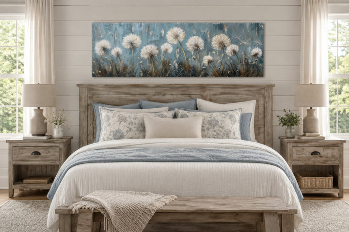 Horizontal framed canvas wall art featuring ethereal white dandelions on a serene light blue base.