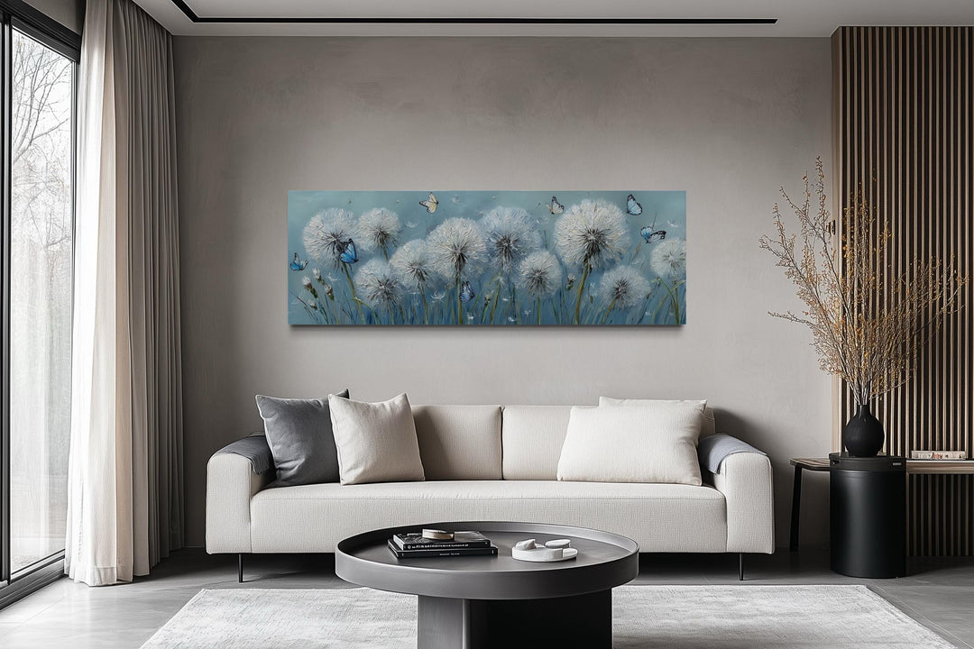 Light Blue Dandelions And Butterflies Horizontal Framed Canvas Wall Art