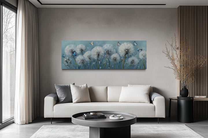 Light Blue Dandelions And Butterflies Horizontal Framed Canvas Wall Art