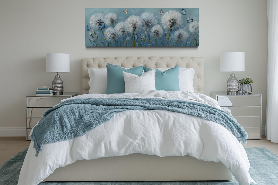 Light Blue Dandelions And Butterflies Horizontal Framed Canvas Wall Art