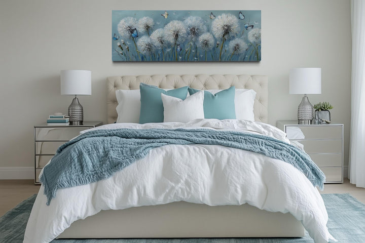Light Blue Dandelions And Butterflies Horizontal Framed Canvas Wall Art