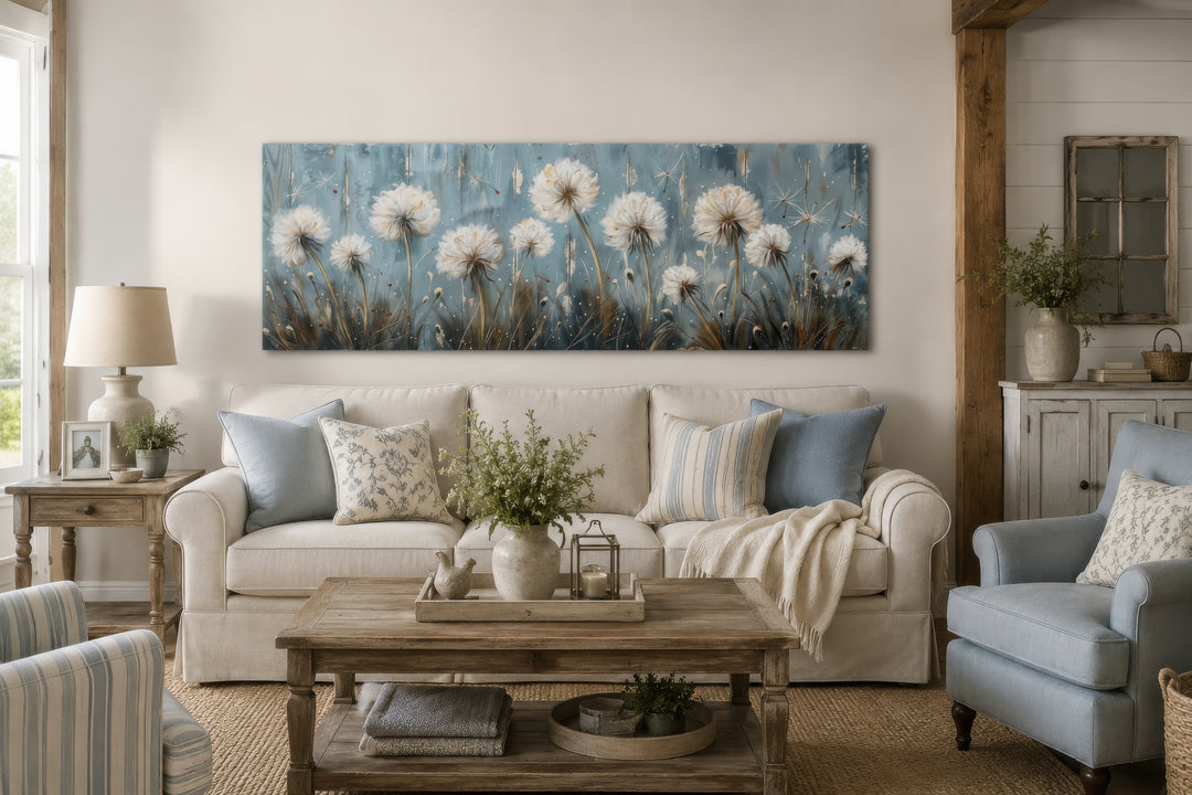 Horizontal framed canvas wall art featuring ethereal white dandelions on a serene light blue base.