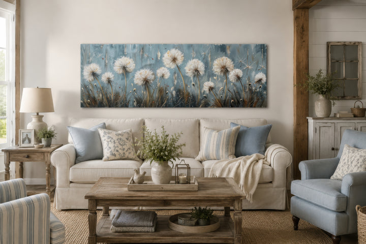 Horizontal framed canvas wall art featuring ethereal white dandelions on a serene light blue base.