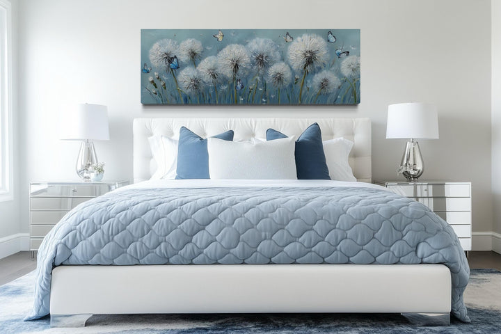 Light Blue Dandelions And Butterflies Horizontal Framed Canvas Wall Art