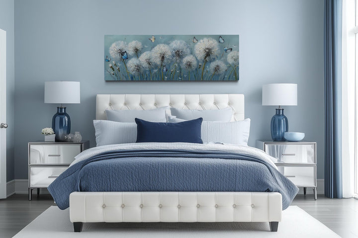 Light Blue Dandelions And Butterflies Horizontal Framed Canvas Wall Art