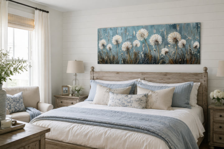 Horizontal framed canvas wall art featuring white dandelions on a light blue background.