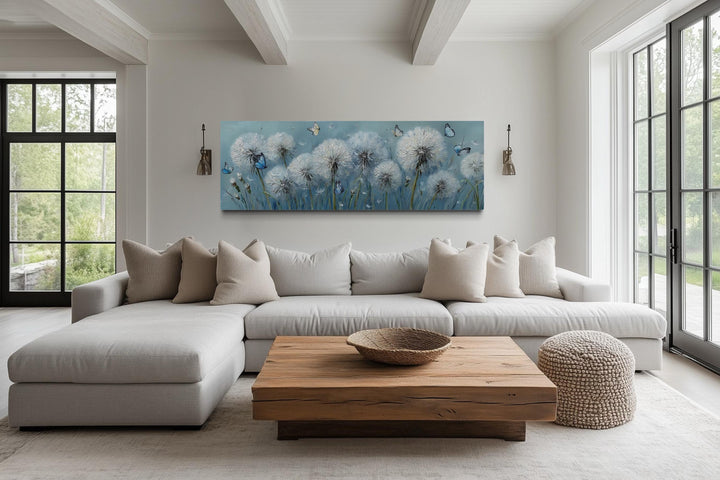 Light Blue Dandelions And Butterflies Horizontal Framed Canvas Wall Art