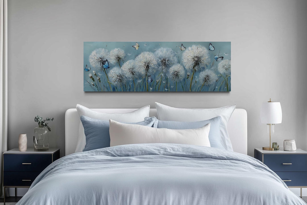 Light Blue Dandelions And Butterflies Horizontal Framed Canvas Wall Art