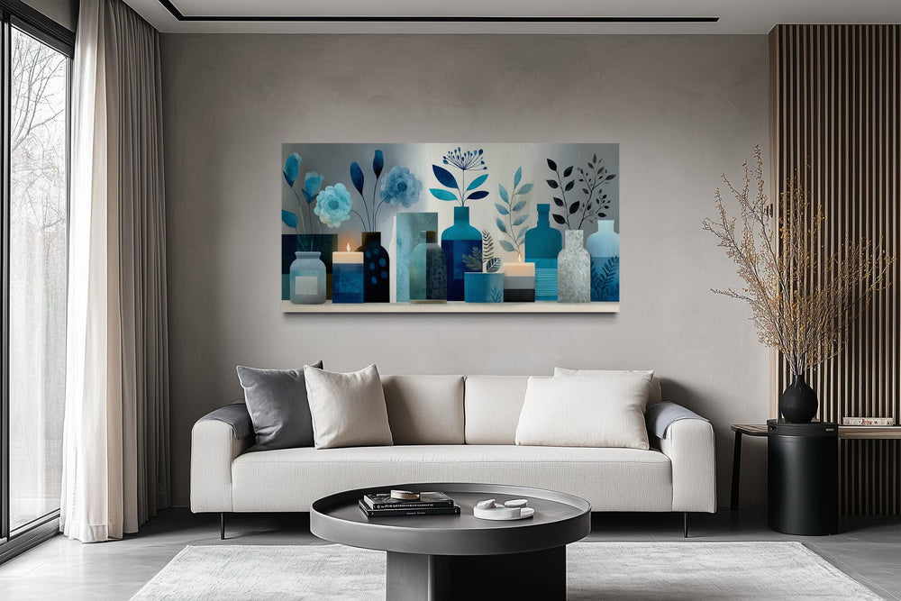 Light Blue Teal Floral, Bottles & Candle Abstract Wall Art