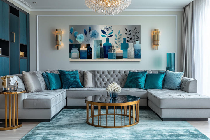Light Blue Teal Floral, Bottles & Candle Abstract Wall Art