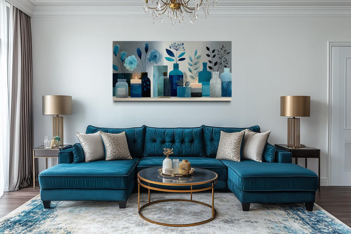 Light Blue Teal Floral, Bottles & Candle Abstract Wall Art