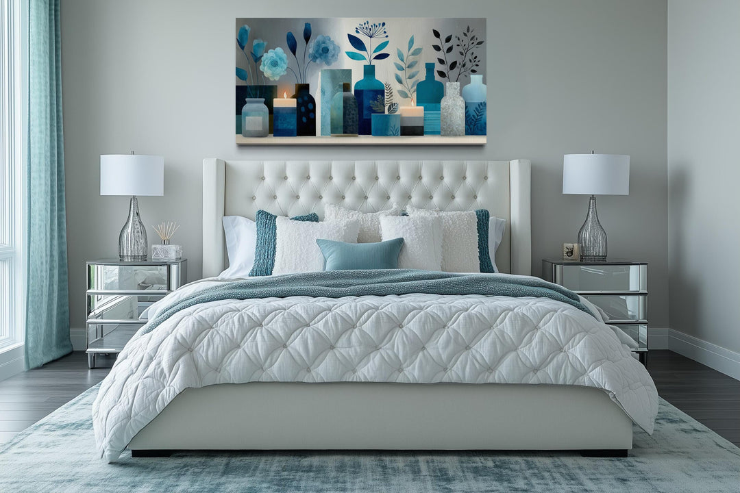Light Blue Teal Floral, Bottles & Candle Abstract Wall Art