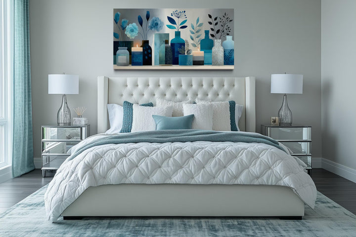 Light Blue Teal Floral, Bottles & Candle Abstract Wall Art