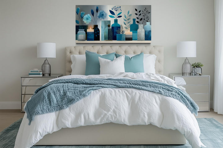 Light Blue Teal Floral, Bottles & Candle Abstract Wall Art