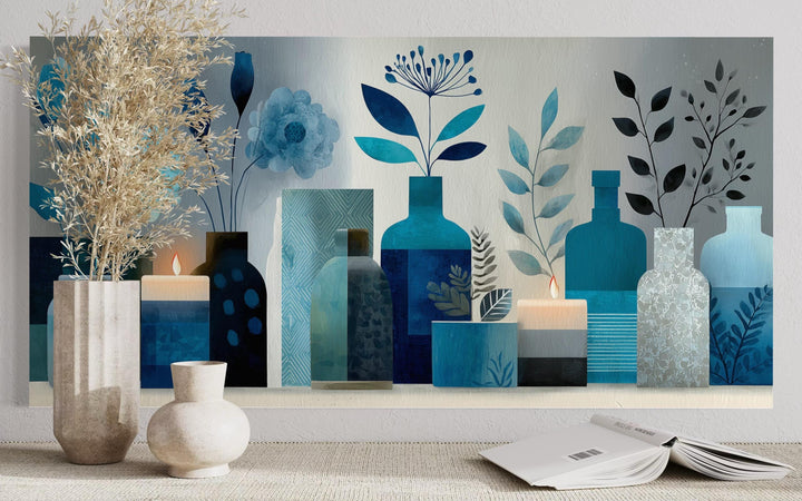 Light Blue Teal Floral, Bottles & Candle Abstract Wall Art