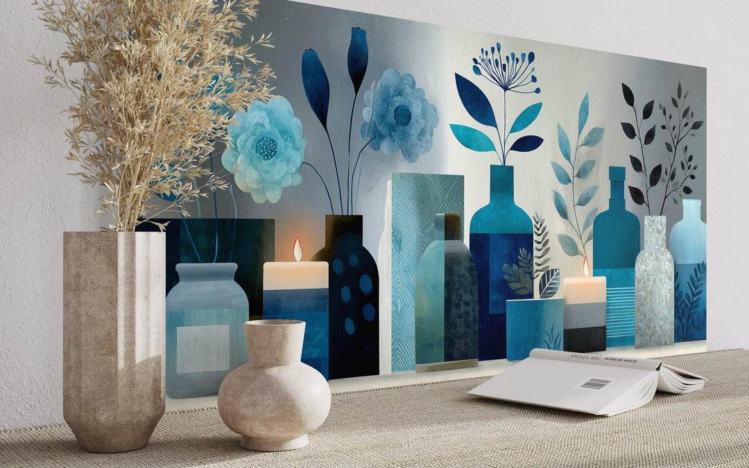 Light Blue Teal Floral, Bottles & Candle Abstract Wall Art