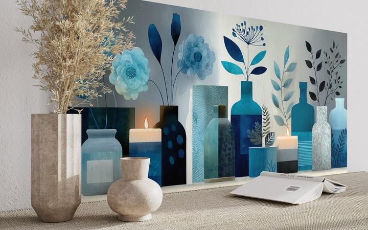 Light Blue Teal Floral, Bottles & Candle Abstract Wall Art