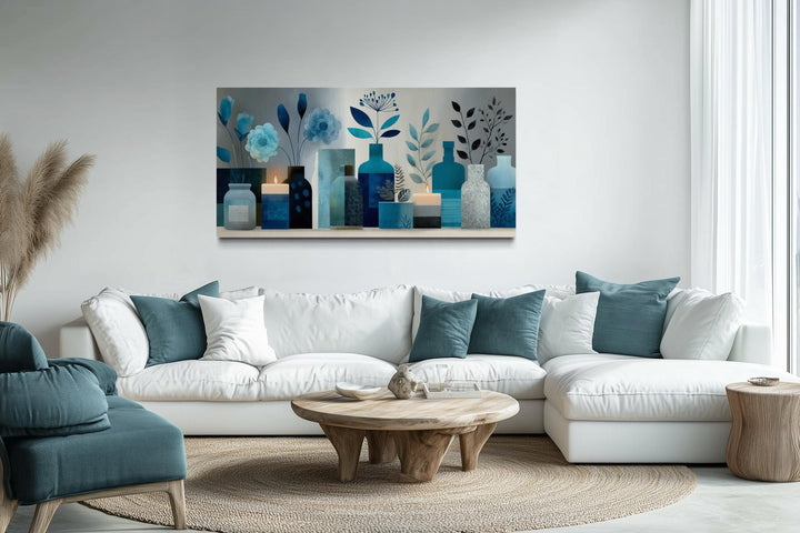Light Blue Teal Floral, Bottles & Candle Abstract Wall Art