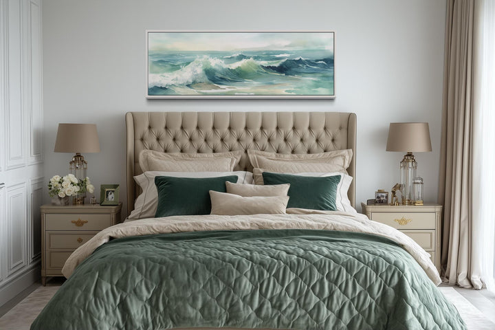 Light Green Ocean Waves Minimalist Horizontal Above Bed Wall Art