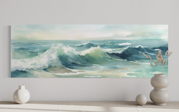 Light green ocean waves minimalist horizontal wall art in a panoramic watercolor style.