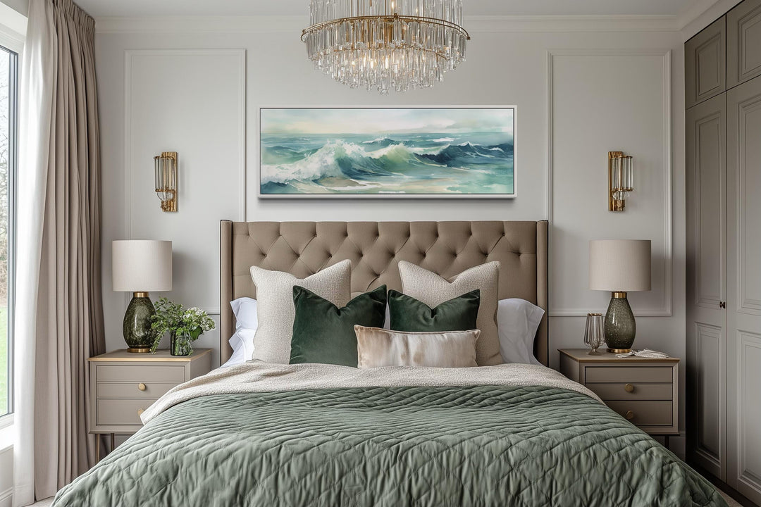 Light Green Ocean Waves Minimalist Horizontal Above Bed Wall Art