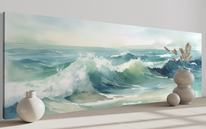Light green ocean waves minimalist horizontal wall art in a panoramic watercolor style.