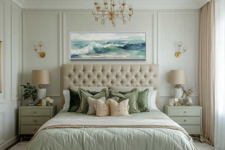 Light Green Ocean Waves Minimalist Horizontal Above Bed Wall Art