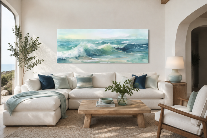 Light Green Ocean Waves Minimalist Horizontal Above Bed Wall Art