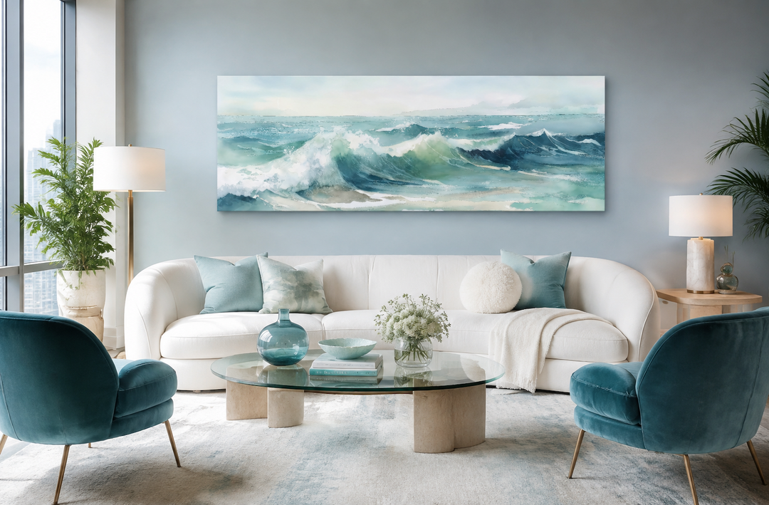Light Green Ocean Waves Minimalist Horizontal Above Bed Wall Art