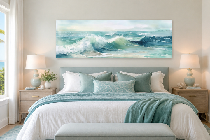 Light Green Ocean Waves Minimalist Horizontal Above Bed Wall Art
