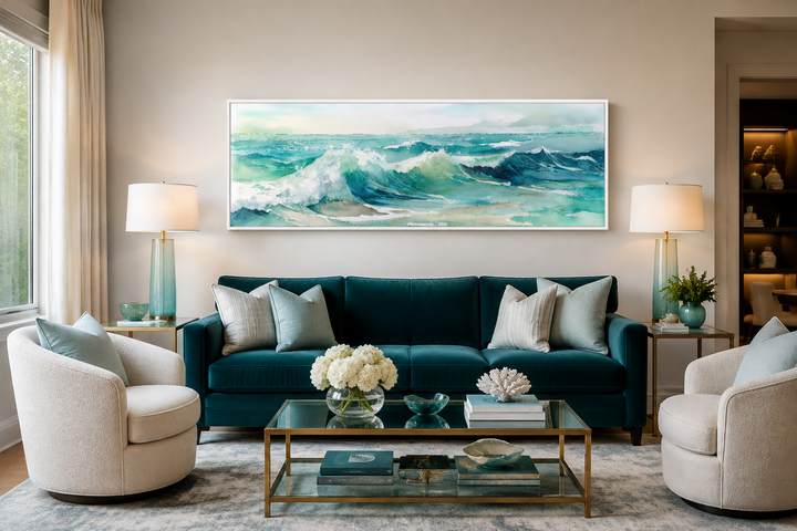 Light Green Ocean Waves Minimalist Horizontal Above Bed Wall Art