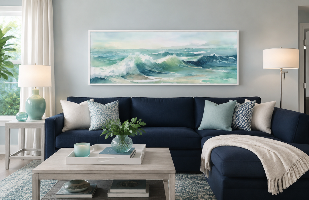 Light Green Ocean Waves Minimalist Horizontal Above Bed Wall Art