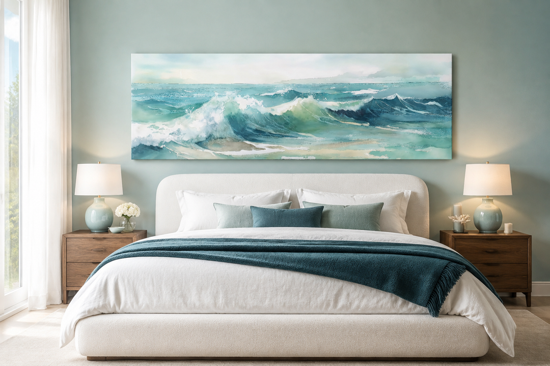 Light Green Ocean Waves Minimalist Horizontal Above Bed Wall Art