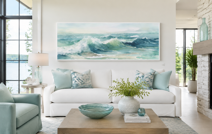 Light Green Ocean Waves Minimalist Horizontal Above Bed Wall Art