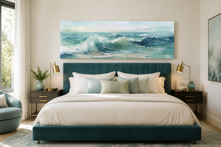 Light Green Ocean Waves Minimalist Horizontal Above Bed Wall Art