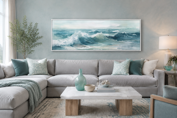 Light Green Ocean Waves Minimalist Horizontal Above Bed Wall Art