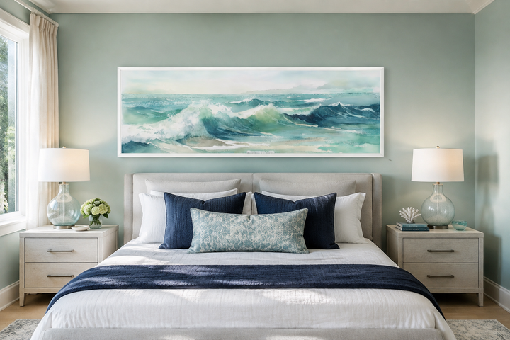 Light Green Ocean Waves Minimalist Horizontal Above Bed Wall Art