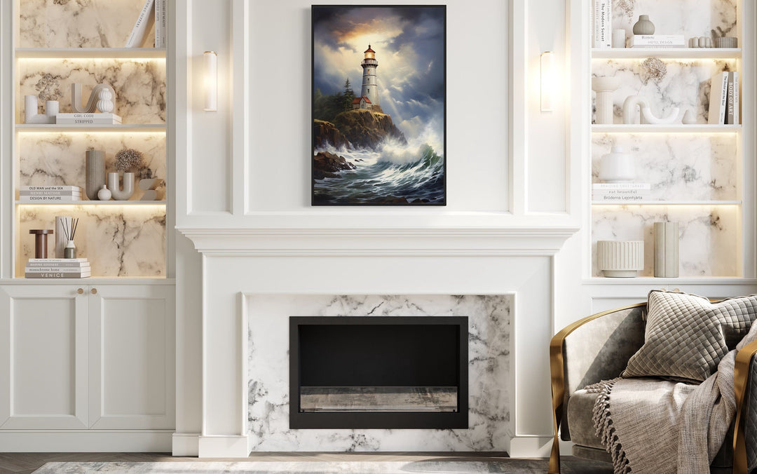 Lighthouse In Stormy Ocean Framed Canvas Wall Art