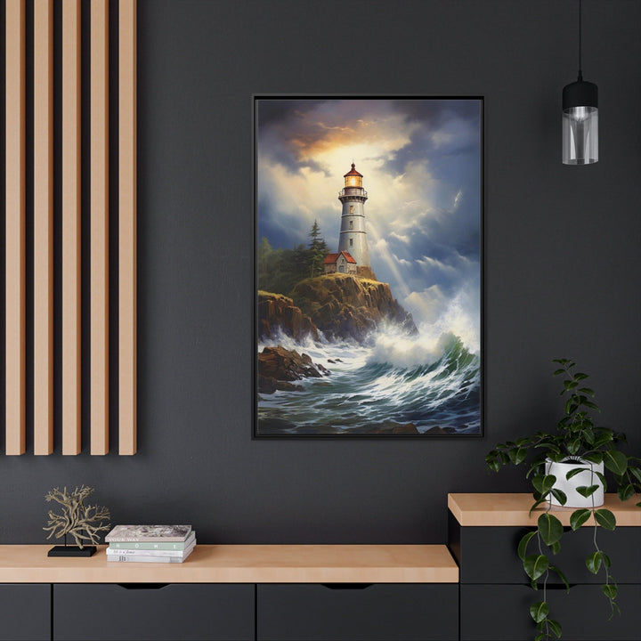 Lighthouse In Stormy Ocean Framed Canvas Wall Art